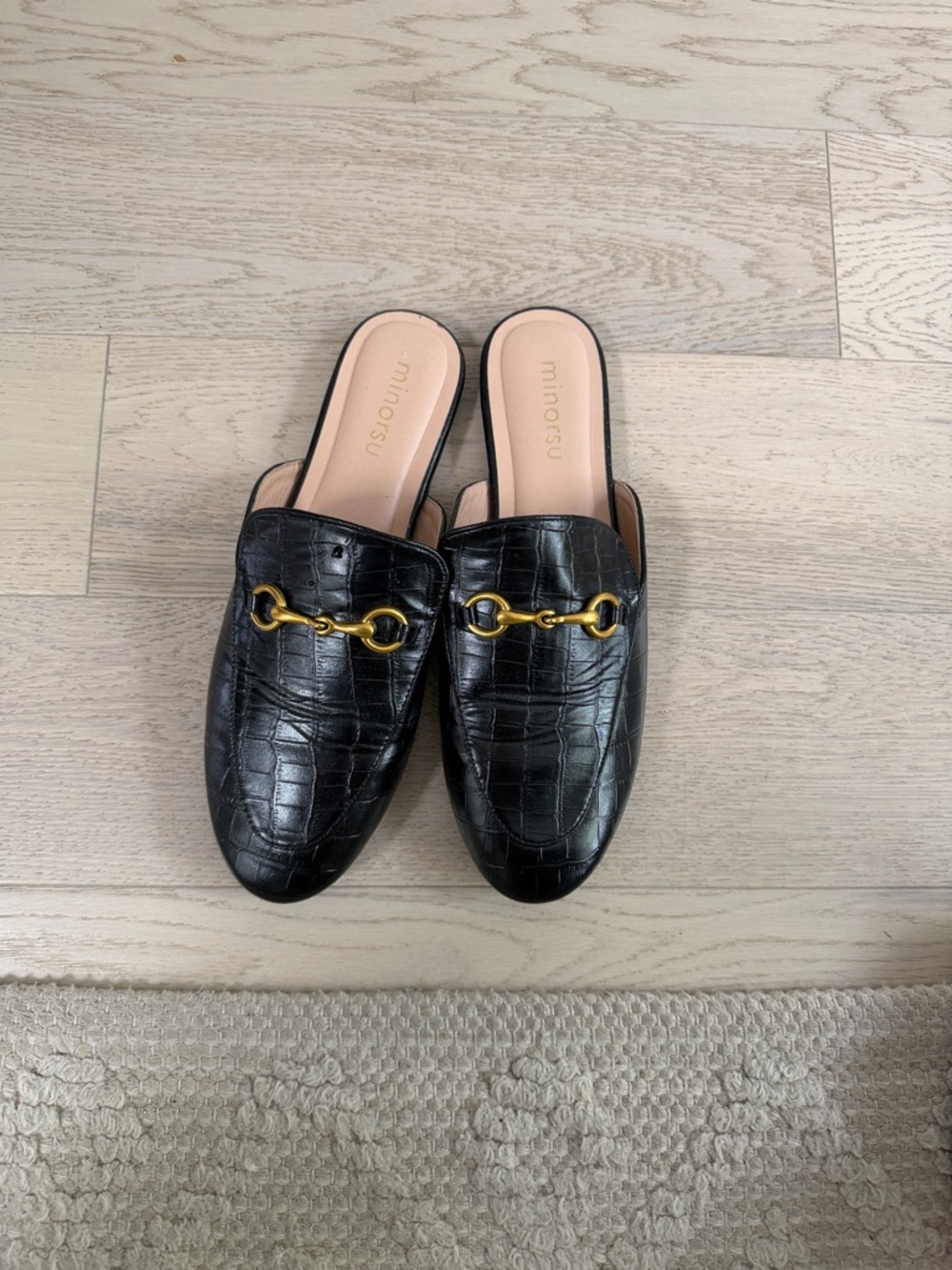 Black Croc-Embossed Leather Backless Mules with Gold Bit